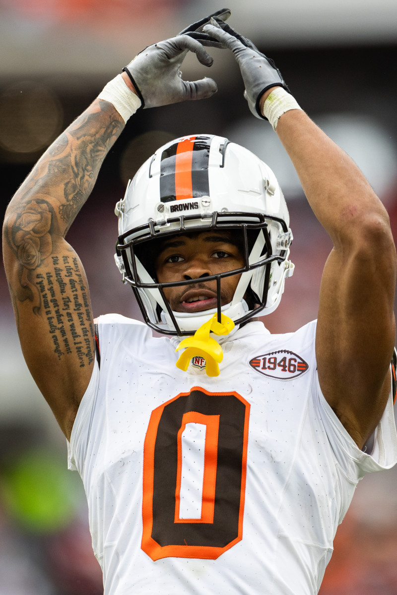Oct 15, 2023; Cleveland, Ohio, USA; Cleveland Browns cornerback Greg Newsome II (0) signals to the crowd to make some noise during the third quarter against the San Francisco 49ers at Cleveland Browns Stadium.